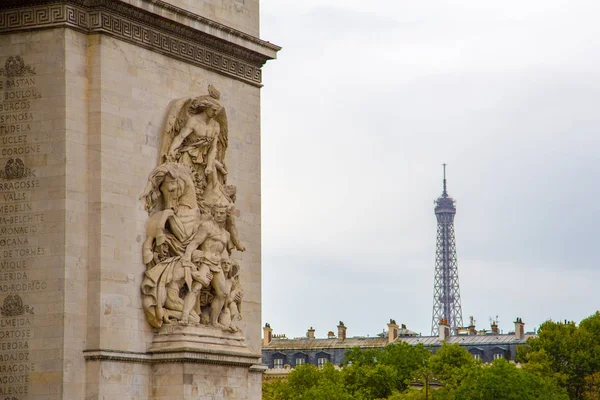Pięknej Wieży Eiffla Paryżu Wraz Częścią Łuku Triumph — Zdjęcie stockowe