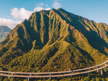 Oahu yeşil dağların görünümünün tarafından Ho'omaluhia Botanik Bahçesi Kaneohe içinde muhteşem havadan görünümü. Dağlar ile ünlü merdiven cennete ya da Haiku merdiven.