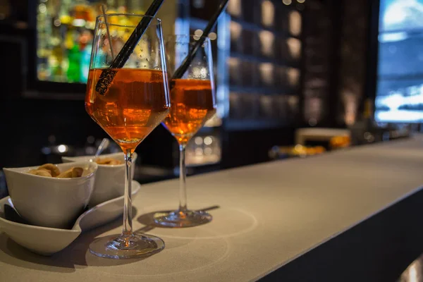 Two Cocktails Snacks Standing Bar Counter Mountain House Alps — Stock Photo, Image