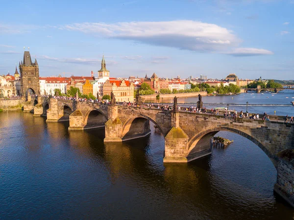 Piękny Zachód Słońca Lotu Ptaka Prague City Panoramiczny Widok Zamku — Zdjęcie stockowe
