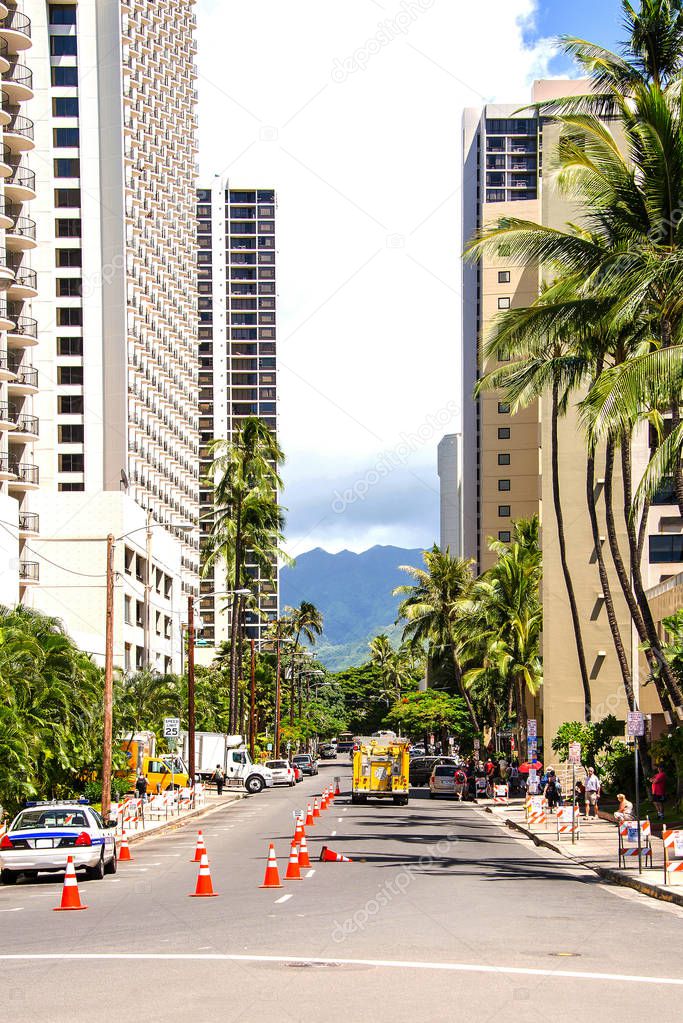 Empty street among huge skyscrapers in Honolulu on Hawaii islands