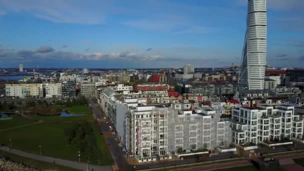 Schöne Luftaufnahme Des Westhafens Von Malmö Mit Schönen Häusern Und — Stockvideo