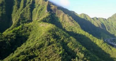 Ünlü Haiku merdivenler ve merdiven cennete yürüyüş için havadan görüntüleri görünümü Dağları nın harika. Yaşam bölgesinde yolun yanında. Şaşırtıcı Hawaii. 