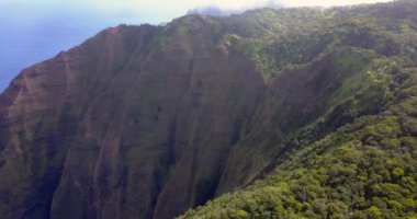 Egzotik cennet ada ve Kauai Adası Hawaii kayalıklarla Pasifik Okyanusu tarafından bir gökkuşağı ile Napali Coast'ta muhteşem havadan görünümü