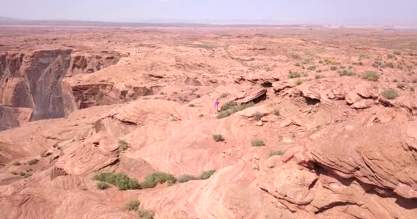Luchtfoto Van Het Meisje Horseshoe Bend Beroemde Meander Colorado Rivier — Stockvideo