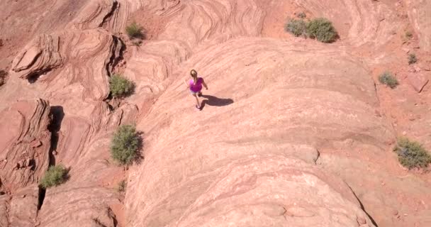 鸟瞰的女孩在马蹄弯著名的蜿蜒在科罗拉多河附近的小镇的页面 亚利桑那州 — 图库视频影像