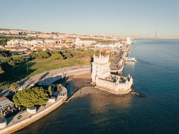 Vista Aérea Sobre Torre Belém Durante Pôr Sol Lisboa Portugal — Fotografia de Stock