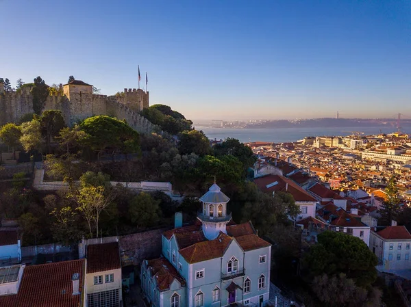 Lotnicze Panoramiczne Ptasie Oko Widok Stare Miasto Lizbona Portugalia Niesamowita — Zdjęcie stockowe