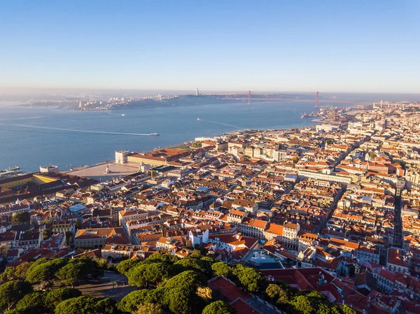 Aerial panoramic birds eye view of the old town of Lisbon, Portugal.