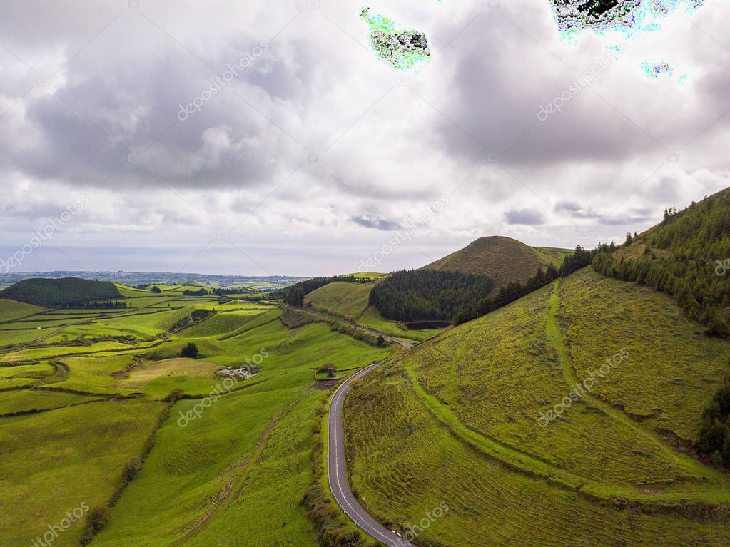 Aerial panoramic view of the Sao Miguel island, Azores, Portugal