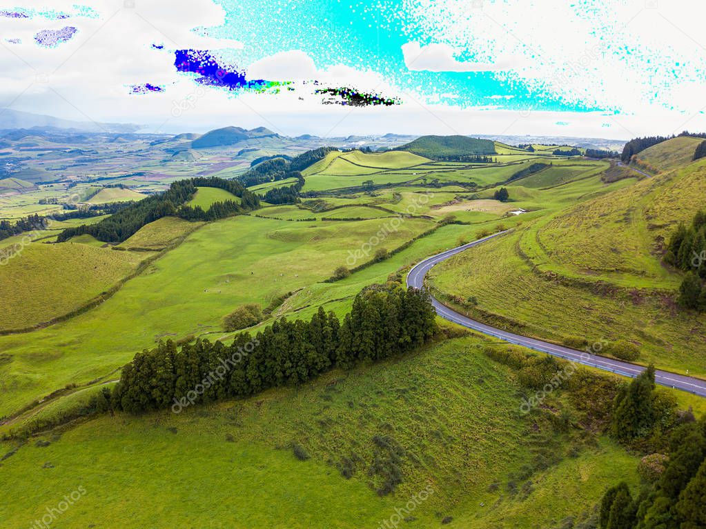 Aerial panoramic view of the Sao Miguel island, Azores, Portugal