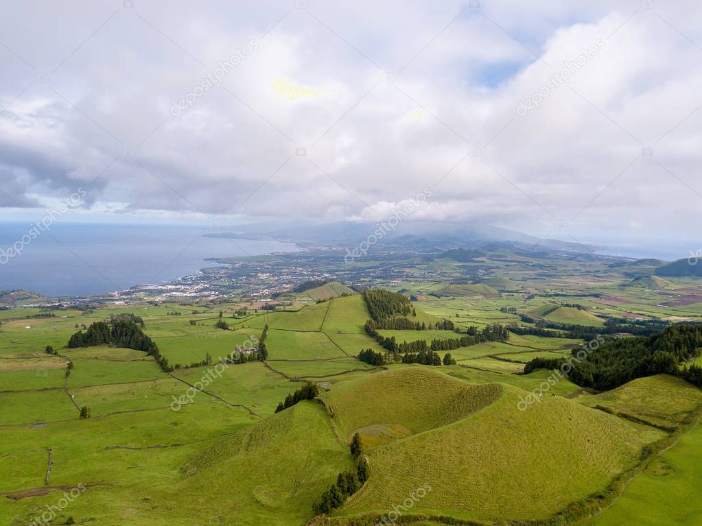 Aerial panoramic view of the Sao Miguel island, Azores, Portugal