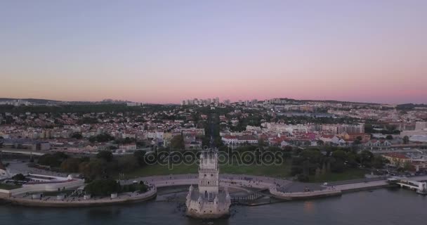 Magische Antenne Belem Tower Sonnenuntergang Blick Von Oben Lissabon Portugal — Stockvideo