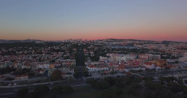 Magische Antenne Belem Tower Sonnenuntergang Blick Von Oben Lissabon Portugal — Stockvideo