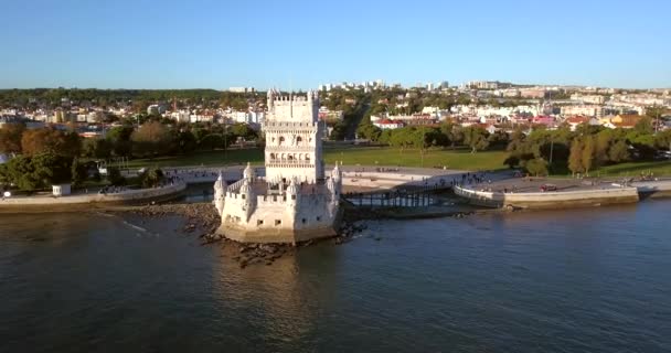 Πύργος Μπελέμ Εναέρια Θέα Στη Λισαβόνα Πορτογαλία — Αρχείο Βίντεο