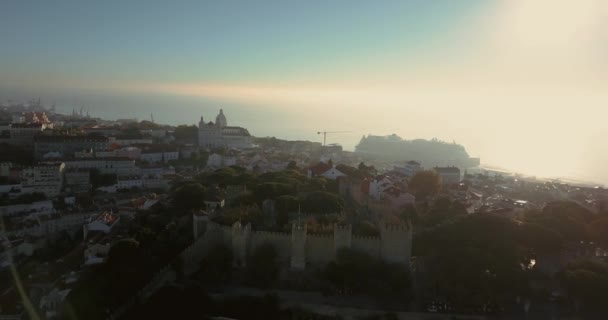 Vue Aérienne Lumière Matin Sur Vieille Ville Lisbonne Par Château — Video