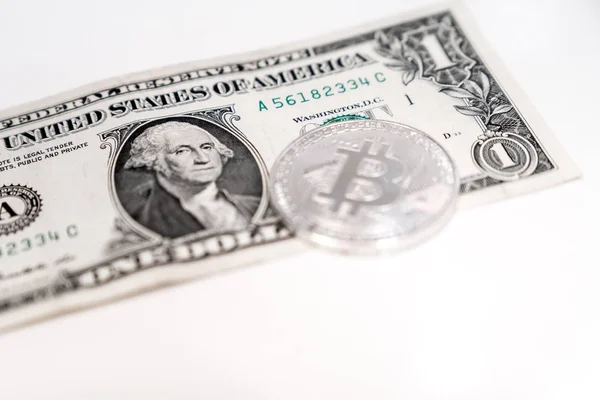 Bitcoin Argint Fond Dolar Conceptul Afaceri Privire Sus — Fotografie, imagine de stoc