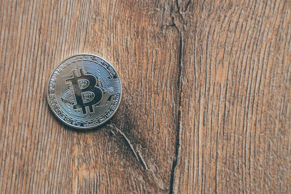 Bitcoin Monedă Podea Lemn — Fotografie, imagine de stoc