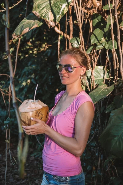 Young Girl Standing Jungle Holding Coconut Island Kauai Hawaii — Stock Photo, Image