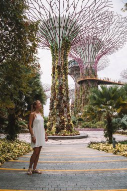 Singapur Asya - 9 Mayıs: Körfez Supertree Grove Gardens defne doğa parkı ve dönme dolap Singapur Bay Marina, Asya üzerinde inanılmaz bir manzaralı bahçeler keşfetmek güzel kız