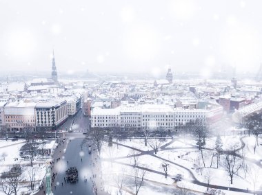 20 Ocak 2018. Riga Letonya Hava kış günü. Güzel tarihi kent karla kaplı. Riga Letonya.