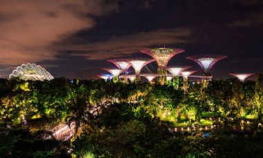 20 Mayıs 2017. Singapur. Supertrees Gardens koy ve Singapur cityscape tarafından gece manzarası. Avatar film gibi şaşırtıcı dünya.