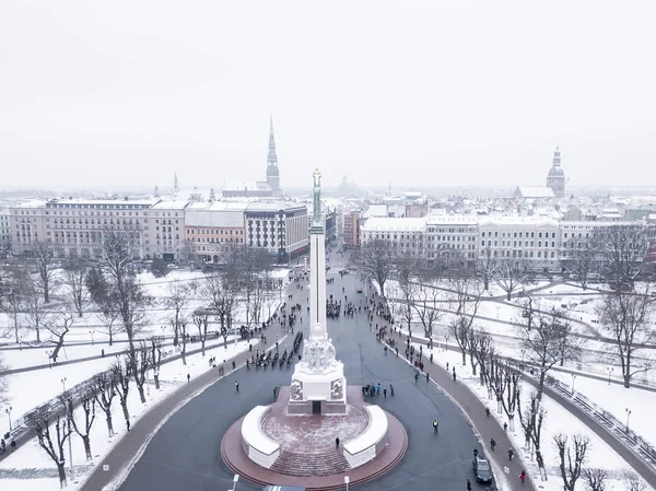 Riga Januari 2018 Luchtfoto Van Het Standbeeld Van Vrijheid Milda — Stockfoto
