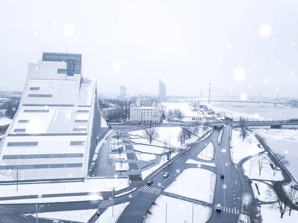 Luchtfoto Van Riga Letland Tijdens Besneeuwde Winterdag — Stockfoto