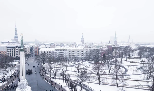 Riga Januari 2018 Luchtfoto Van Het Standbeeld Van Vrijheid Milda — Stockfoto