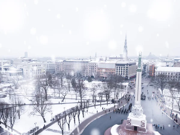 Riga Januari 2018 Luchtfoto Van Het Standbeeld Van Vrijheid Milda — Stockfoto