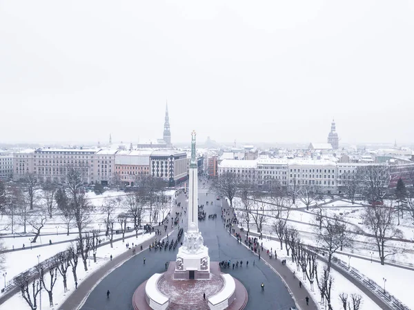 Riga Januari 2018 Luchtfoto Van Het Standbeeld Van Vrijheid Milda — Stockfoto