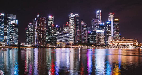 August 30, 2017. Singapore night panorama view of many skyscrapers by the water.
