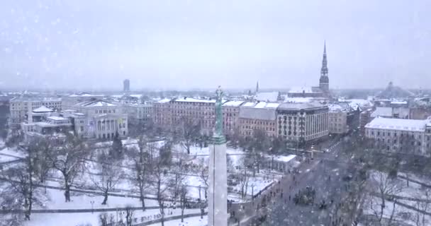 Riga Januari 2018 Fantastiska Flygfoto Över Den Staty Liberty Milda — Stockvideo