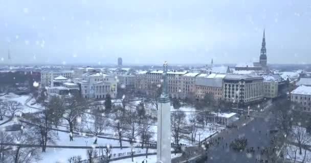 2018年1月 自由女神像的壮观鸟瞰 Milda 在拉脱维亚的里加 在下雪的冬日 自由女神雕像捧着三颗金色的星星 — 图库视频影像