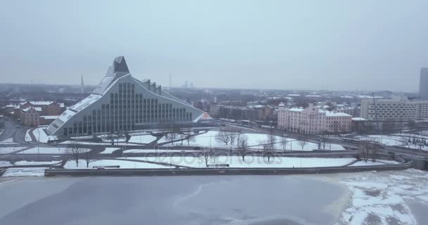 Janeiro 2018 Riga Letónia Vista Aérea Sobre Biblioteca Nacional Inverno — Vídeo de Stock