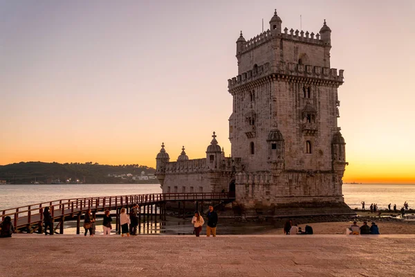 Lisszabon Portugália Belem Tower Tajo Folyó Alatt Csodálatos Naplementére — Stock Fotó