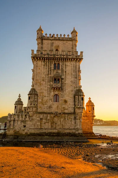 Lizbon Portekiz Belem Kulesi Muhteşem Gün Batımı Görünümü Sırasında Tagus — Stok fotoğraf