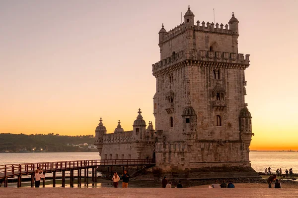 Lisszabon Portugália Belem Tower Tajo Folyó Alatt Csodálatos Naplementére — Stock Fotó