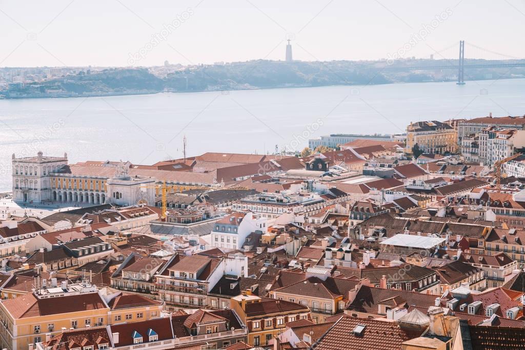 Aerial view of the Lisbon city old town from the castle on top of the hill in Portugal.