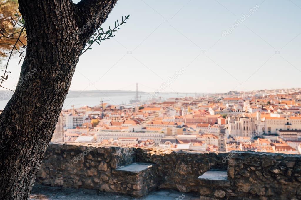 Aerial view of the Lisbon city old town from the castle on top of the hill in Portugal. 