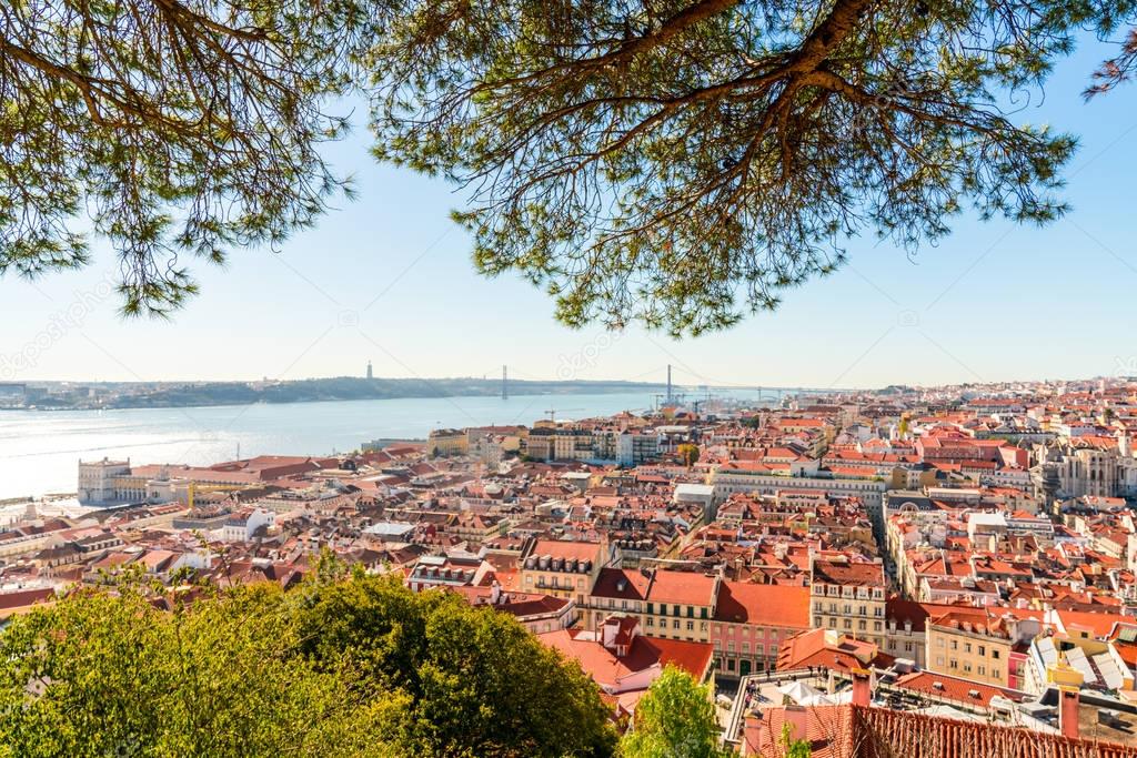 Aerial view of the Lisbon city old town from the castle on top of the hill in Portugal.