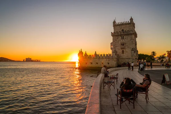 Lizbon Portekiz Belem Kulesi Muhteşem Gün Batımı Görünümü Sırasında Tagus — Stok fotoğraf