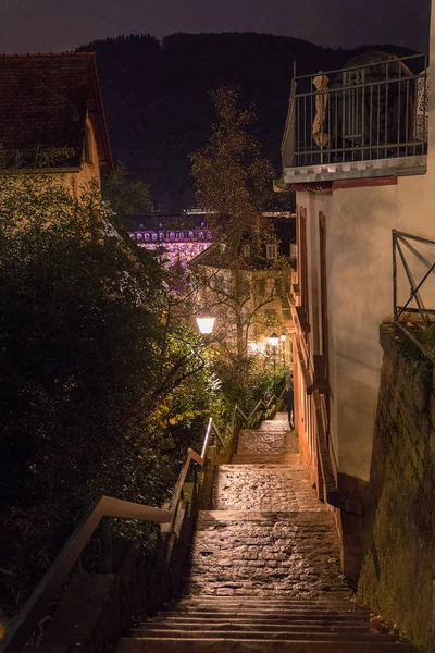 Vista Nocturna Del Casco Antiguo Heidelberg Con Calles Estrechas Mercado — Foto de Stock