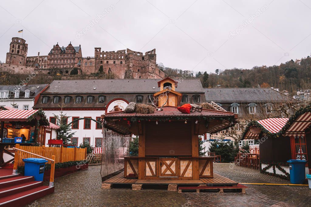 Heidelberg, Germany. January 10, 2018. View on the Heidelberg castle from the Christmas market.