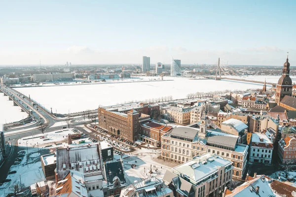 Рига Латвія Січня 2018 Пташиного Польоту Мосту Через Даугави Зимовий — стокове фото