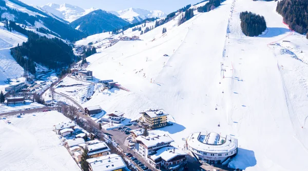Panorama Sonnenaufgang Blick Auf Das Winterdorf Den Alpen Mit Skipisten — Stockfoto