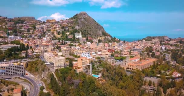 Veduta Taormina Famosa Località Sicilia Italia Bellissimo Paesaggio Aereo Viaggio — Video Stock