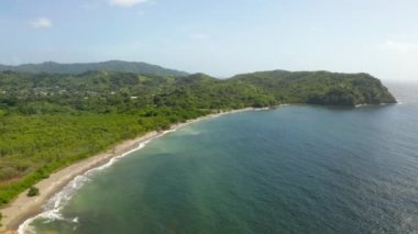 Palmiye ağaçlarının panoramik hava manzarası, mavi lagün, Trinidad ve Tobago 'daki beyaz kumlu sahil