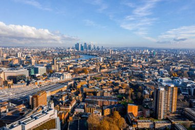 Stunning London view from above. London city district, Tower Bridge and river Thames. Magical England panorama.