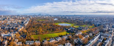 Beautiful aerial panoramic view of the Hyde park in London from above with a beautiful view of trees park and small ponds.